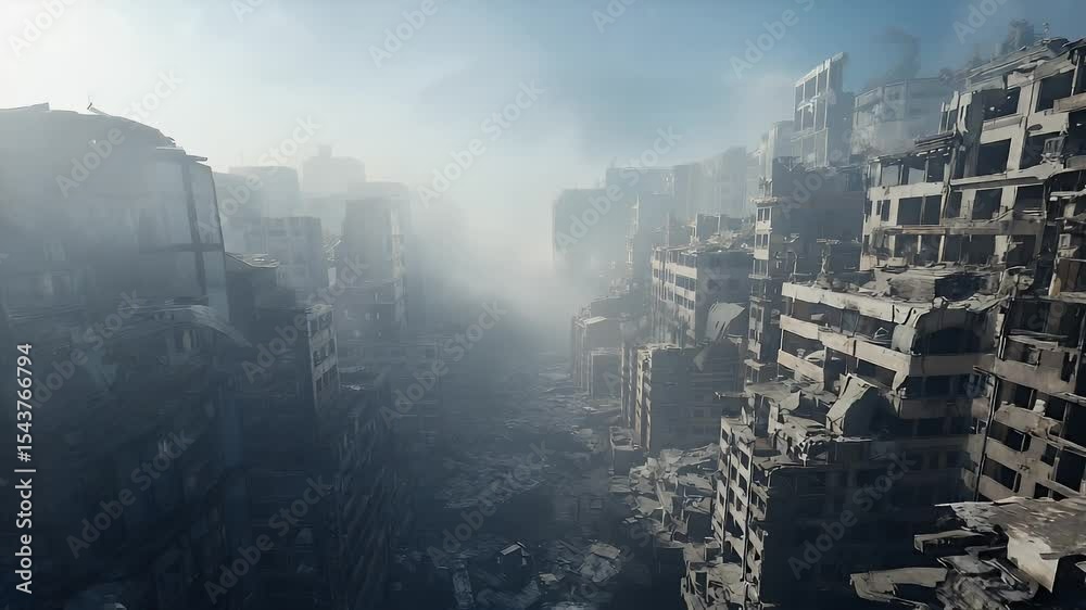 Devastated city ruins with destroyed buildings, portraying desolation and disaster, reflecting a post-apocalyptic scenario