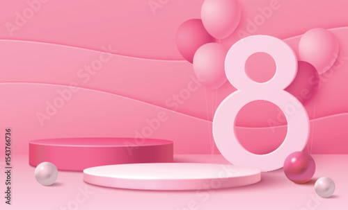 8 march banner with pink round podium and clouds