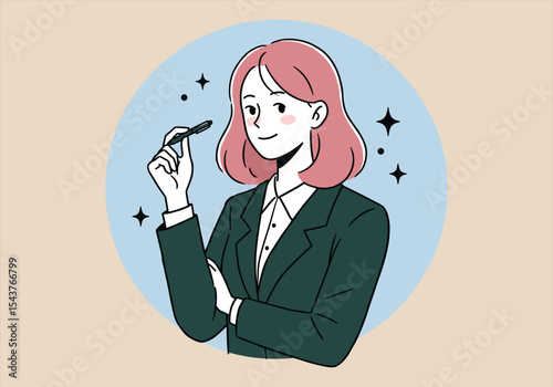 Cartoon illustration of a business woman in a suit thinking of a successful idea while talking on the phone at work in the office
