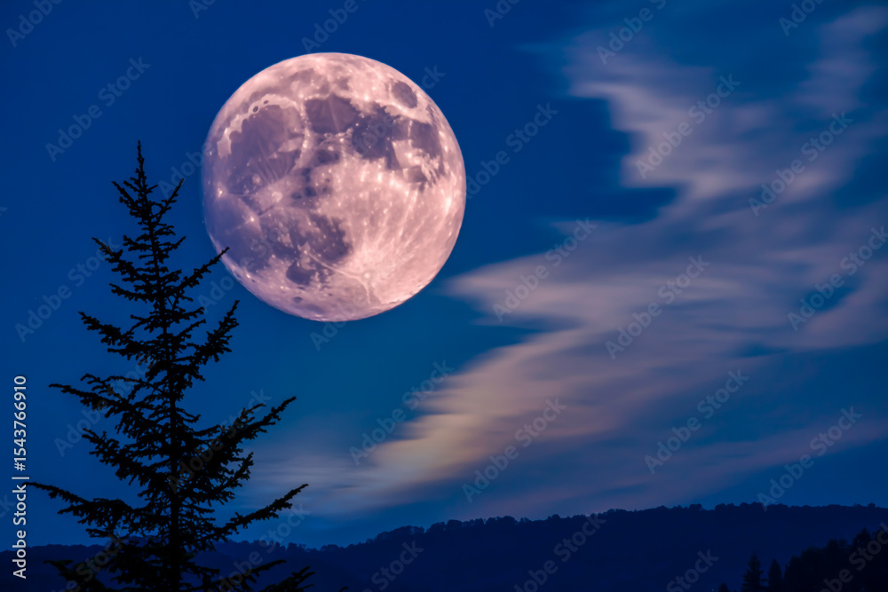 Naklejka premium Enchanted Night Scene Radiant Purple-Pink Moon Casts Ethereal Glow Over Landscape