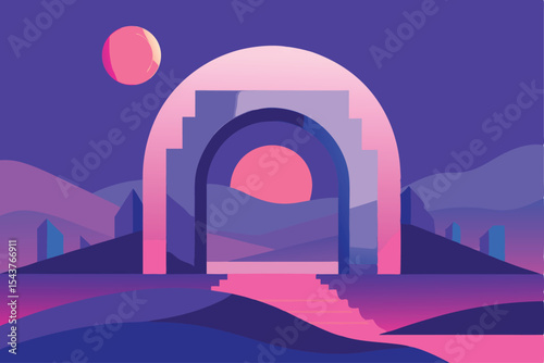 Abstract illustration of a landscape with a glowing archway and celestial bodies.