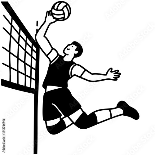 Black and white vector illustration of a volleyball player spiking the ball
