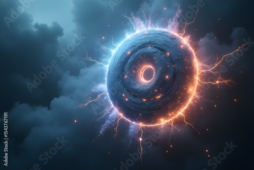 A fragmented disc rotating midair surrounded by electric fog.
