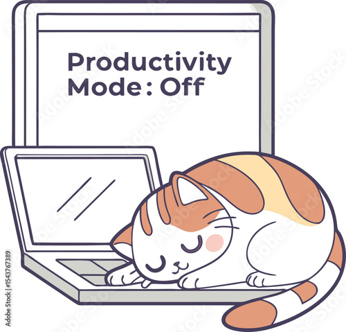  Cat sleeping on a laptop “Productivity Mode OFF” on transparent background, t-shirt design  
