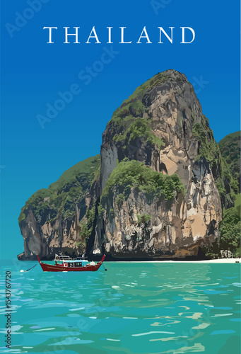 Stylized vector view of a tropical beach in Thailand with clear turquoise sea, long-tail boat and dramatic limestone cliffs