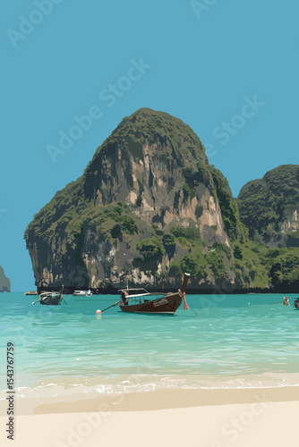 Vector flat design of a Thai beach with long-tail boats, limestone cliff and calm turquoise sea under a blue sky