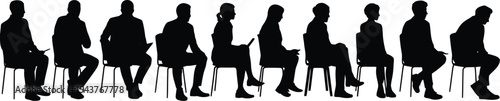 Silhouette of a group of people sitting on chairs in a waiting line up row