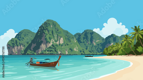 Vector beach landscape in Thailand with tropical mountains, clear water, palm trees and traditional long-tail boat on the shore