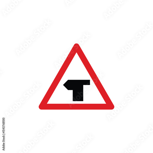T-junction ahead main road left triangle road sign. Reflective traffic sign symbol modern, simple, vector, icon for website design, mobile app, ui. Vector Illustration