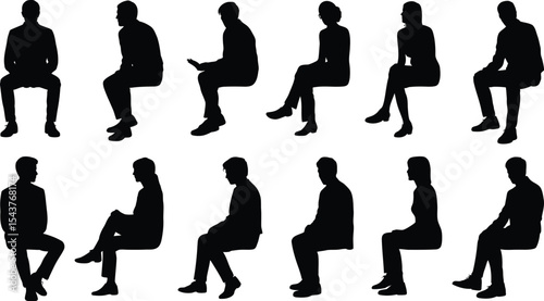 Collection of silhouette people sitting in various poses on a white background