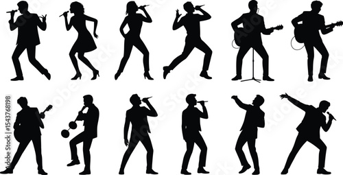 Silhouettes of singers and musicians performing on stage in various poses