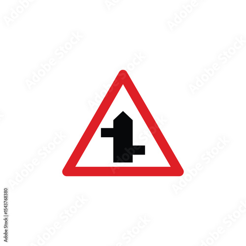 Staggered junction right turn first triangle road sign. Reflective traffic sign symbol modern, simple, vector, icon for website design, mobile app, ui. Vector Illustration