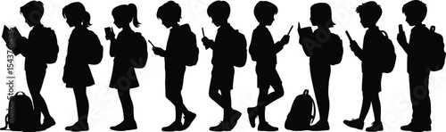 Silhouette of students with backpacks using phones and reading a book in line