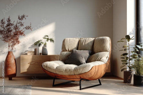 Cozy minimalist living room with wood accent chair and plant