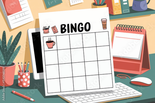 Creative bingo card design on desk with office supplies and coffee theme