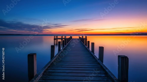 Serene Lake Pier at Sunset: Vibrant Colors and Tranquil Water Reflections