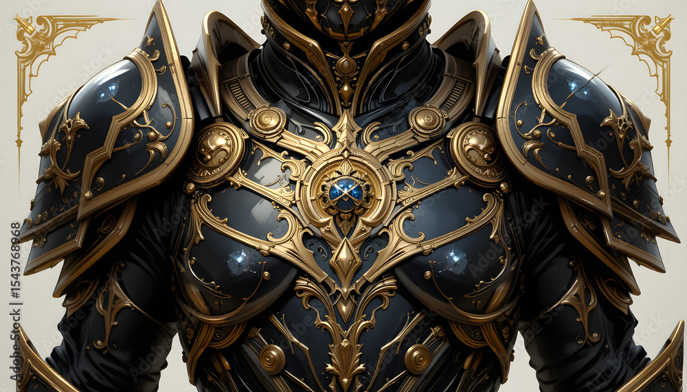 Fototapeta premium Title: Fantasy Knight Armor with Blue Gemstone and Gold Detailing – Ornate Ceremonial Suit on Dark Background