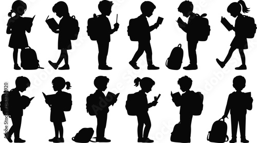 Silhouette illustration of children with backpacks reading and using phones