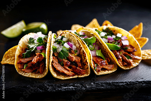 High-End Overhead Shot of Mini Tacos with Grilled Beef, Onion, and Cilantro on Dark Slate Plate photo