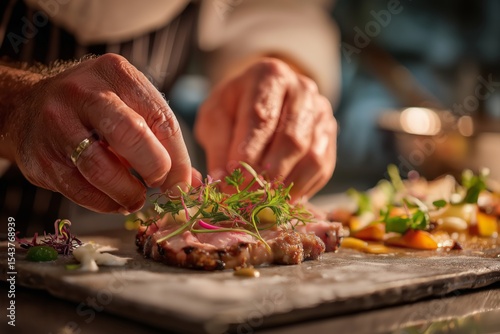 Mansaf, Jordanian lamb dish served on wooden platter. Concept of preparation involving Mansaf highlights culinary skill and focus of chef in warm, soft lighting.