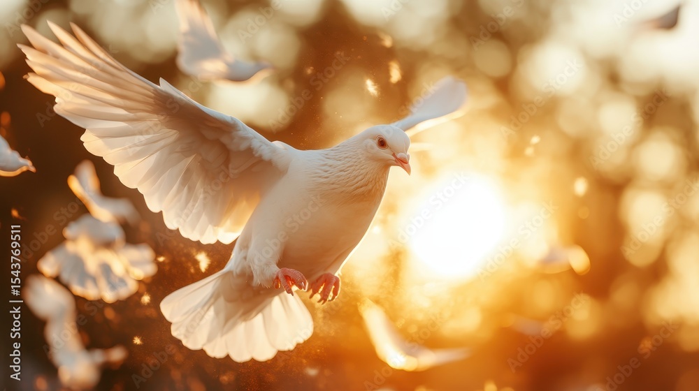 Fototapeta premium A stunning image of a white dove in mid-flight against a resplendent sunset, symbolizing peace and freedom with an ethereal backdrop of soft, glowing light.
