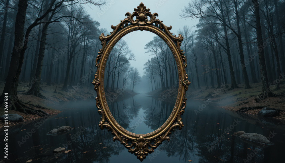 Obraz premium An ornate oval mirror reflects a misty forest path and river, creating a sense of mystery and introspection.