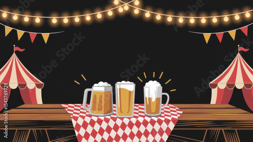 Festive beer celebration at nighttime carnival with tents and string lights