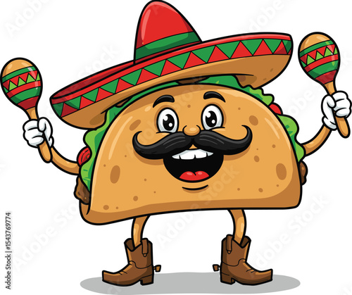 Festive Taco Cartoon Character with Sombrero, Mustache, Maracas, and Boots, Perfect for Mexican Food Celebrations