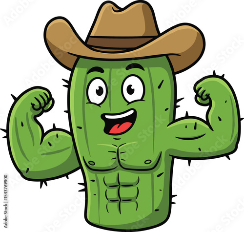 Funny Muscular Cactus Cartoon Character Wearing a Cowboy Hat and Flexing, Ideal for Humor and Western Designs