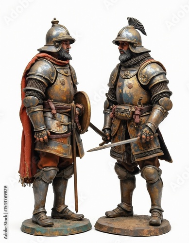 Isolated miniature figurines of two Renaissance soldiers in full plate armor on white background
