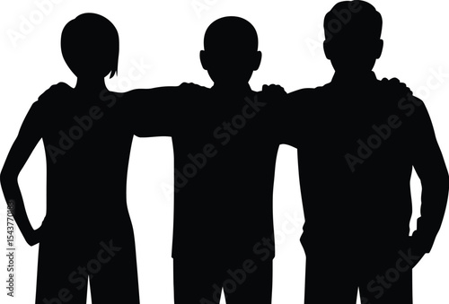 Three people standing together with arms around each other in silhouette