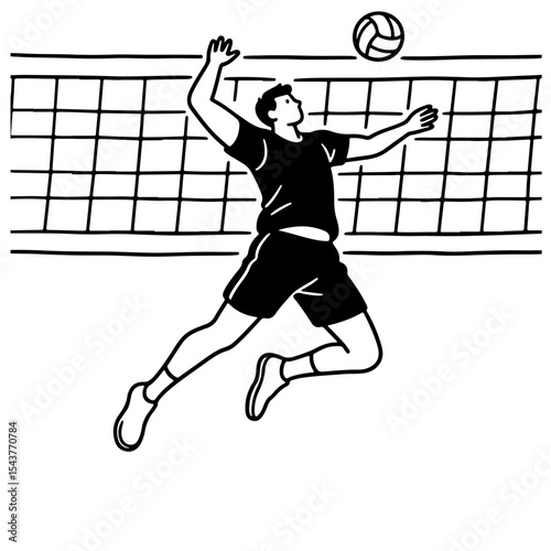 Black and white illustration of a volleyball player spiking the ball.