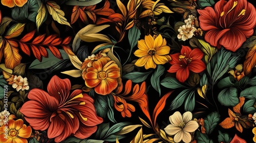 Vibrant Floral Seamless Pattern, Lush Garden Imagery, Richly Colored Flowers and Leaves, Nature-Inspired Design, Dark Background Context