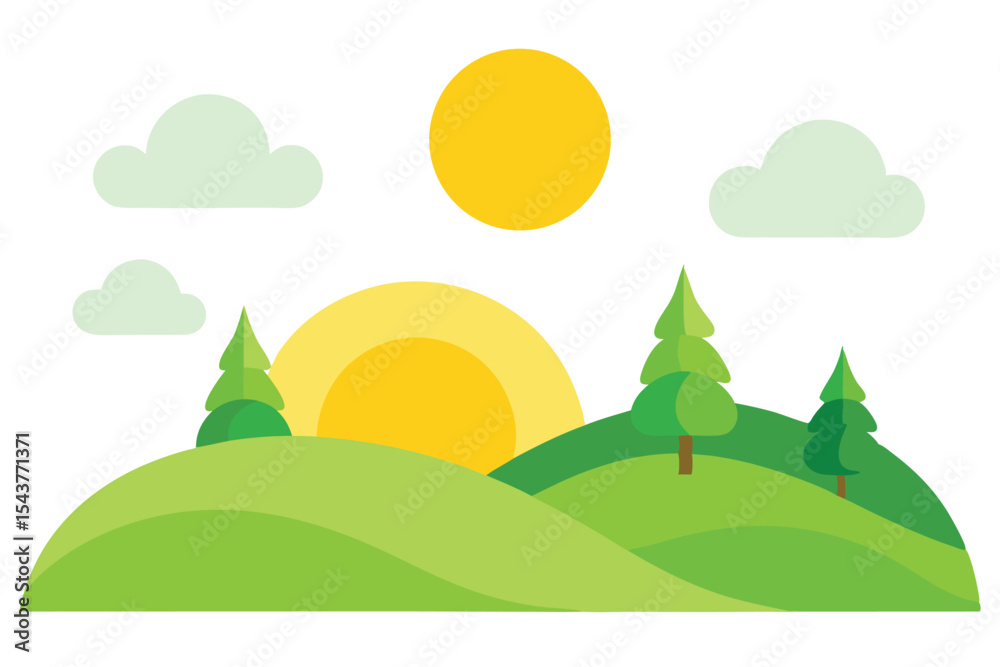 Obraz premium A stylized illustration of a grassy hillside landscape at sunrise.