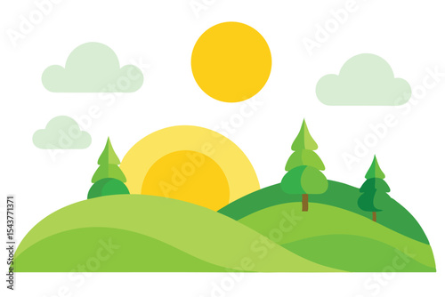 A stylized illustration of a grassy hillside landscape at sunrise.