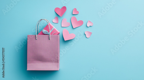A gift box in a shopping bag with pink hearts scattered on a pastel blue background creates a charming Valentine’s Day and holiday concept in a minimal composition, captured from a top view flat lay w
