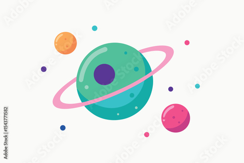 A whimsical illustration of a planetary system, featuring a large planet with rings and smaller orbiting celestial bodies.