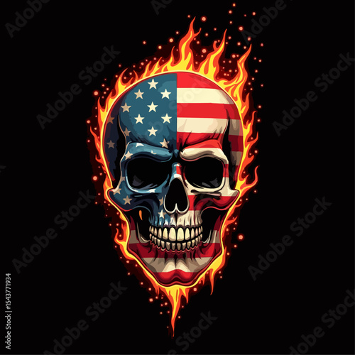 Biker vector t-shirt design with fire human skull
with usa flag, flame on black background.
Fashionable print for fabric, paper, men clothing,
hoodie, jacket. T shirt template.