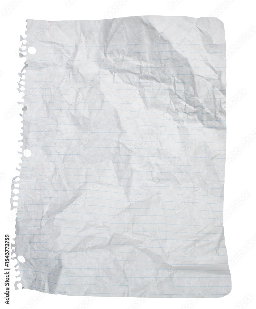 Obraz premium A sheet of wrinkled paper torn from a spiral notebook on a transparent background.