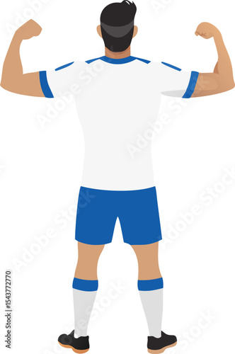Male soccer player from behind flexing muscles to celebrate victory. Vector illustration.
