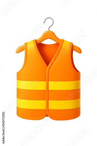 3D Safety vest icon in bright orange and yellow, shown on a hanger. isolated on a transparent background