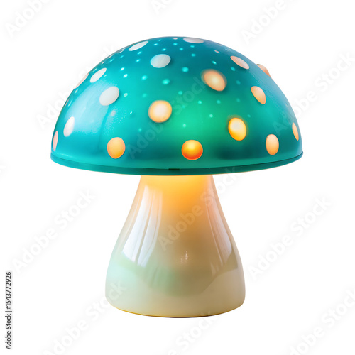 A fantasy mushroom lamp with bioluminescent-style glow and spotted cap. isolated on a  transparent background