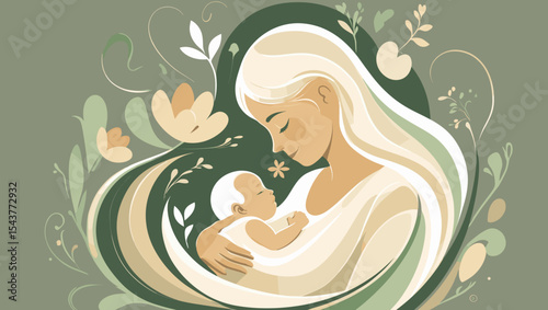 mother nurturing her baby in a serene and floral illustration, soft colors, copy space