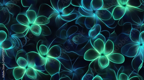 Vibrant Floral Seamless Pattern Featuring Abstract Petals in Radiant Blue and Green Hues, Evoking Nature's Elegance and Serenity on Dark Background