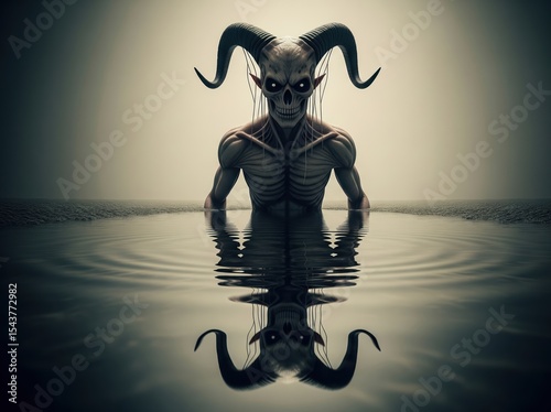 Grotesque Horned Beast Without Skin Stands in Water With Warped Mirror Image Below and Blank Gaze Forward