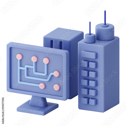 3D Icon, Smart city skyline with data flow lines