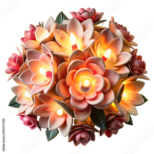 A floral bouquet lamp with ceramic petals and warm glowing stamens. isolated on transparent background