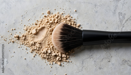 Title: Makeup Brush with Scattered Beige Powder on Light Textured Surface, Concept of Natural Beauty, Cosmetic Application, and Minimalist Product Styling