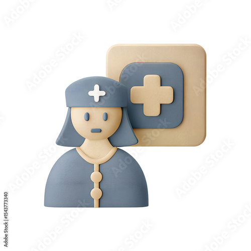 3D Icon, A nurse figure icon with cap and badge, soft navy and pastel skin tone