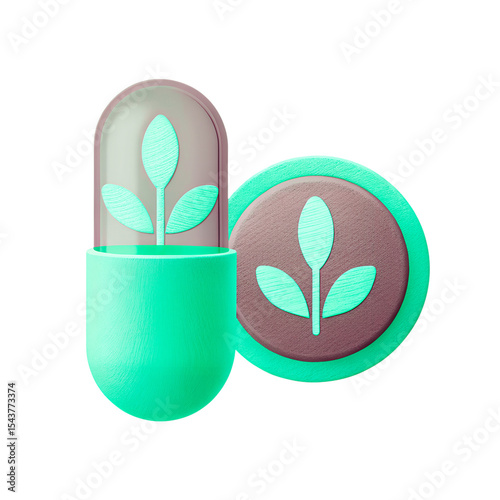 3D Icon, A vitamin capsule with herbal leaf symbol, natural green and amber